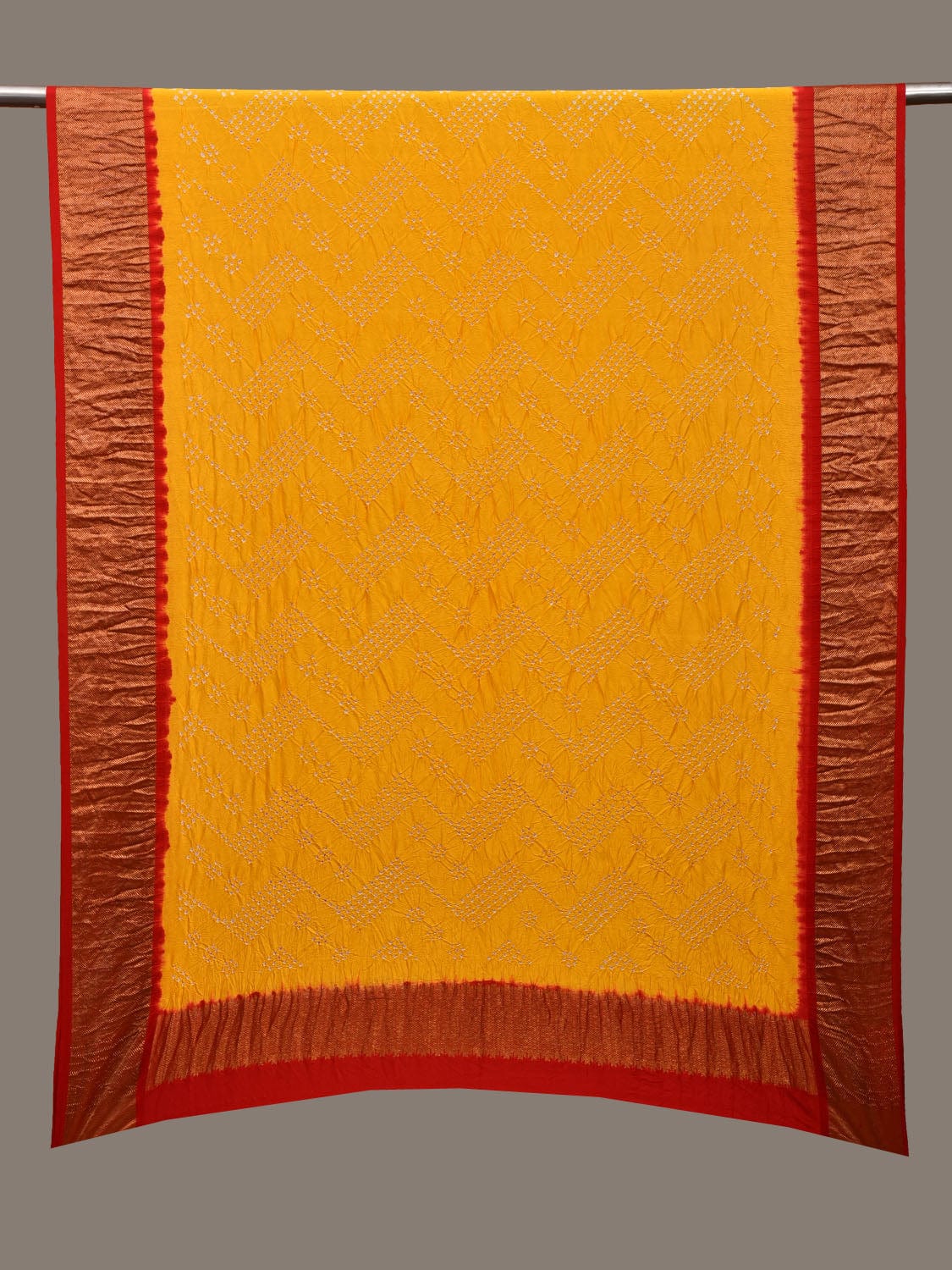 Yellow and Red Bandhani Kanchipuram Silk Handloom Dupatta with Zari Border Design ds3118