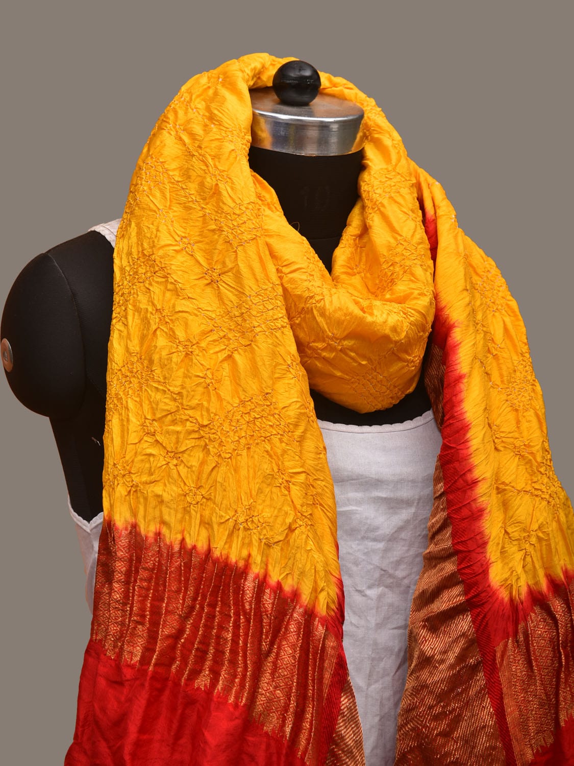 Yellow and Red Bandhani Kanchipuram Silk Handloom Dupatta with Zari Border Design ds3118
