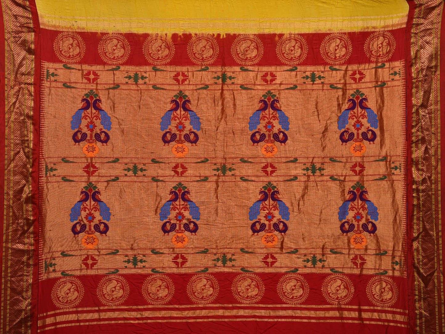 Yellow and Red Bandhani Paithani Silk Handloom Saree with Pallu Design bn0452