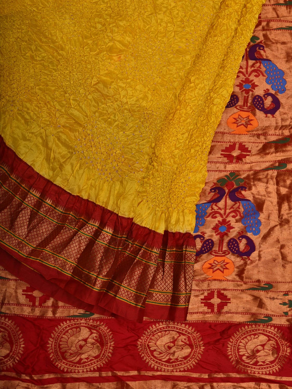 Yellow and Red Bandhani Paithani Silk Handloom Saree with Pallu Design bn0452