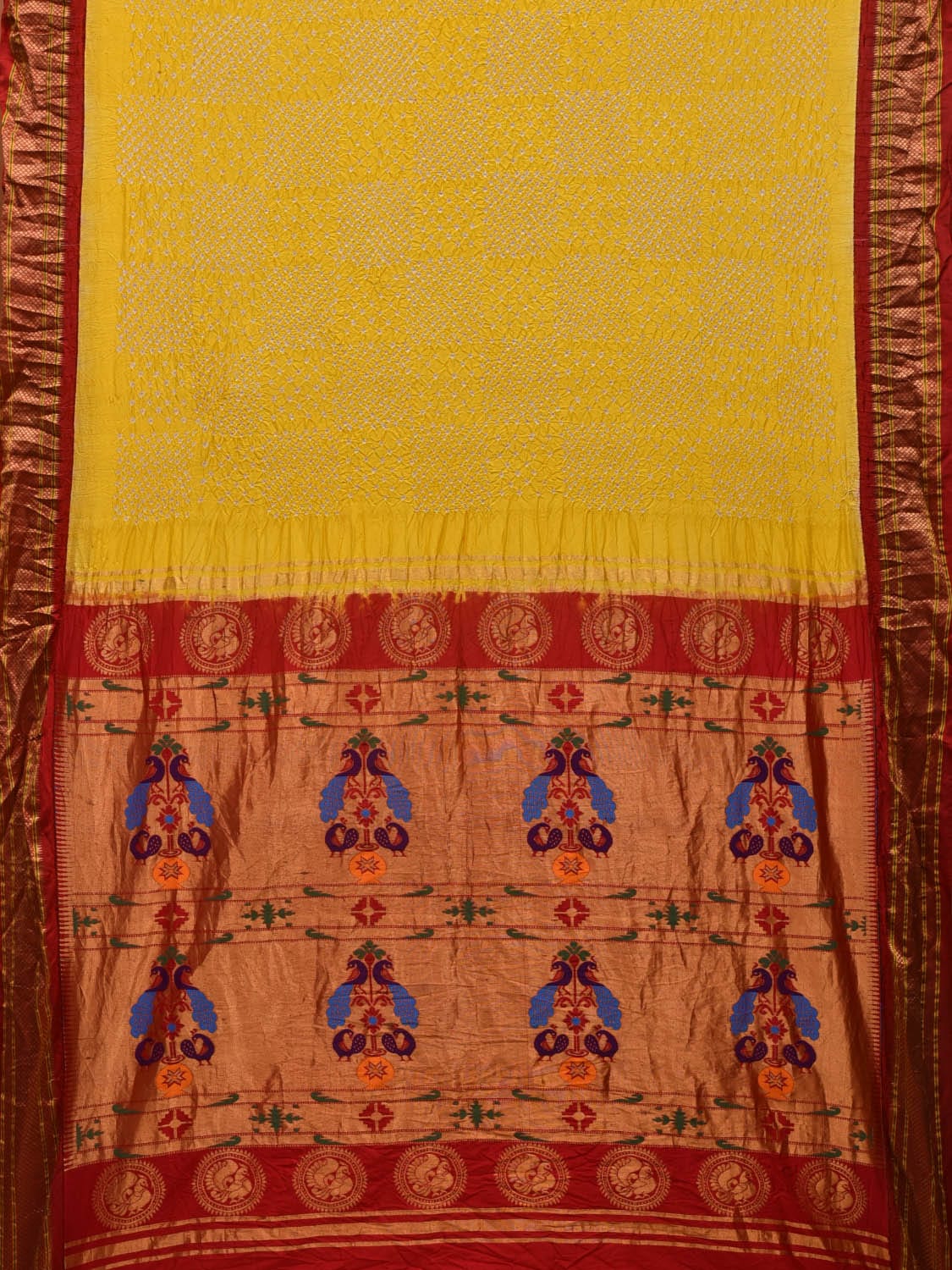 Yellow and Red Bandhani Paithani Silk Handloom Saree with Pallu Design bn0452