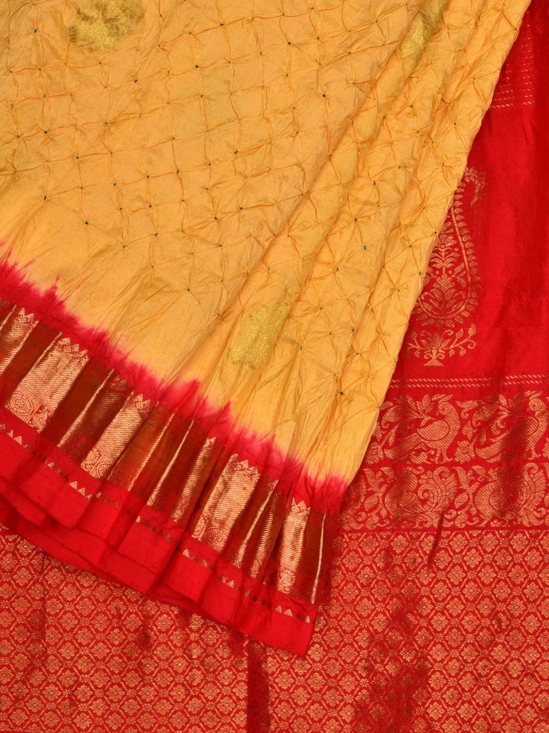 Yellow and Red Bandhani Uppada Silk Handloom Saree with Body Buta Design bn0309