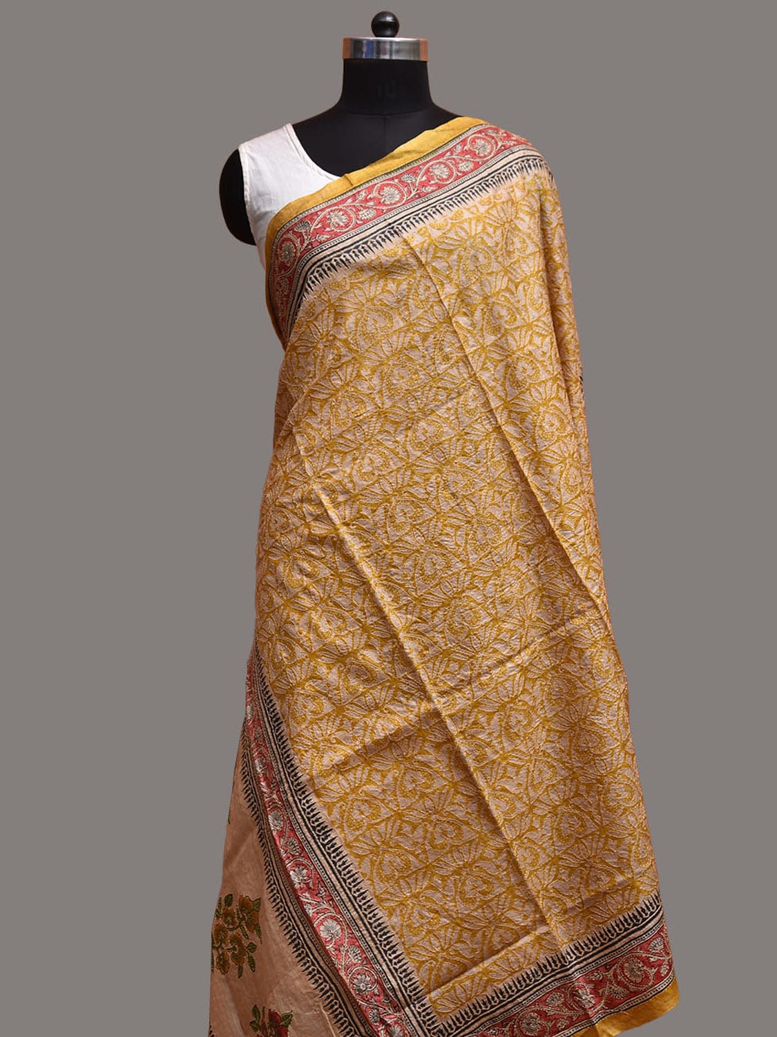 Yellow and Red Kalamkari Block Print Tussar Dupatta with Floral and Kantha Work Design ds3758