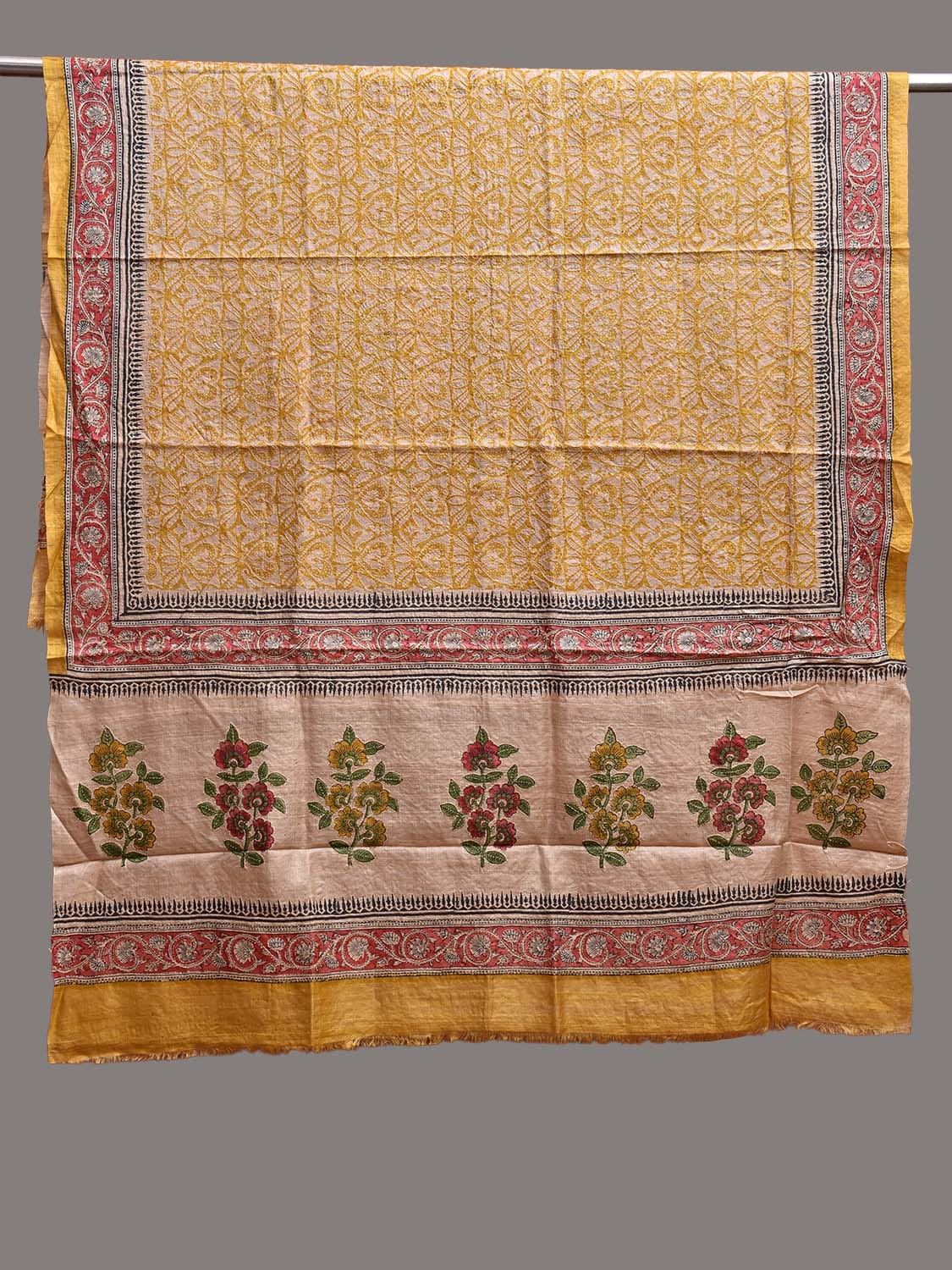 Yellow and Red Kalamkari Block Print Tussar Dupatta with Floral and Kantha Work Design ds3758