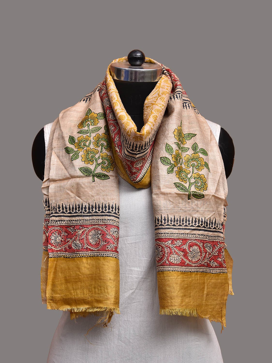 Yellow and Red Kalamkari Block Print Tussar Dupatta with Floral and Kantha Work Design ds3758