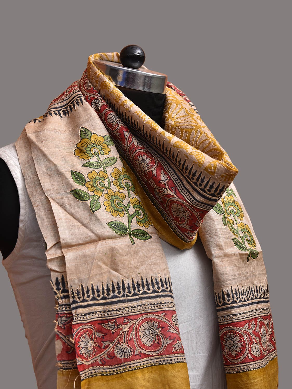 Yellow and Red Kalamkari Block Print Tussar Dupatta with Floral and Kantha Work Design ds3758