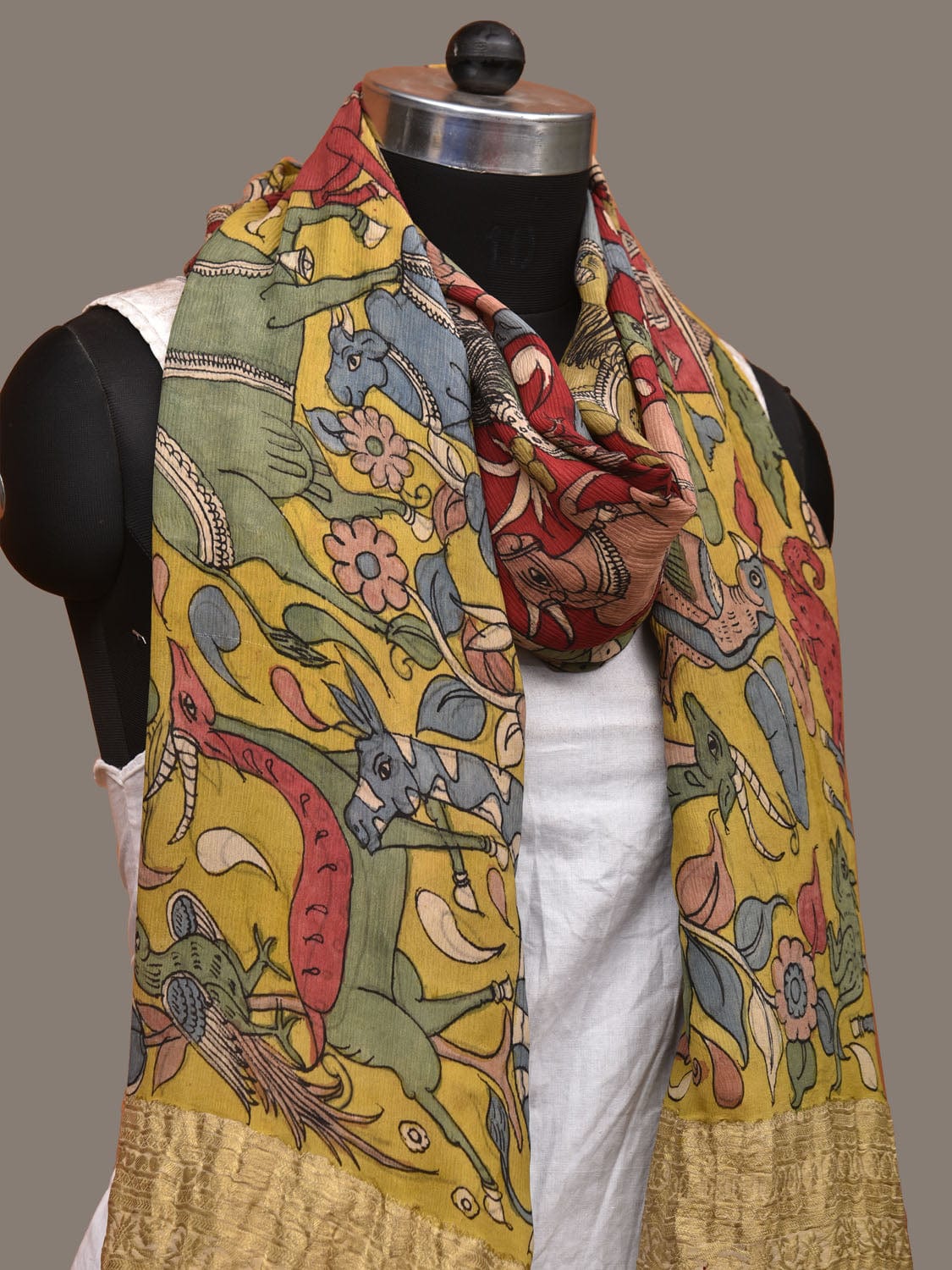 Yellow and Red Kalamkari Hand Painted Chiffon Dupatta with Village and Forest Theme Design ds3138