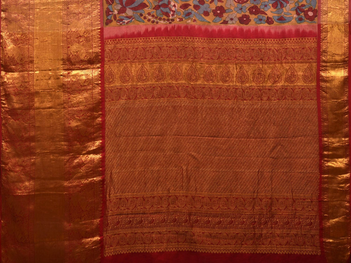 Yellow and Red Kalamkari Hand Painted Kanchipuram Silk Handloom Saree with Floral Design KL0623