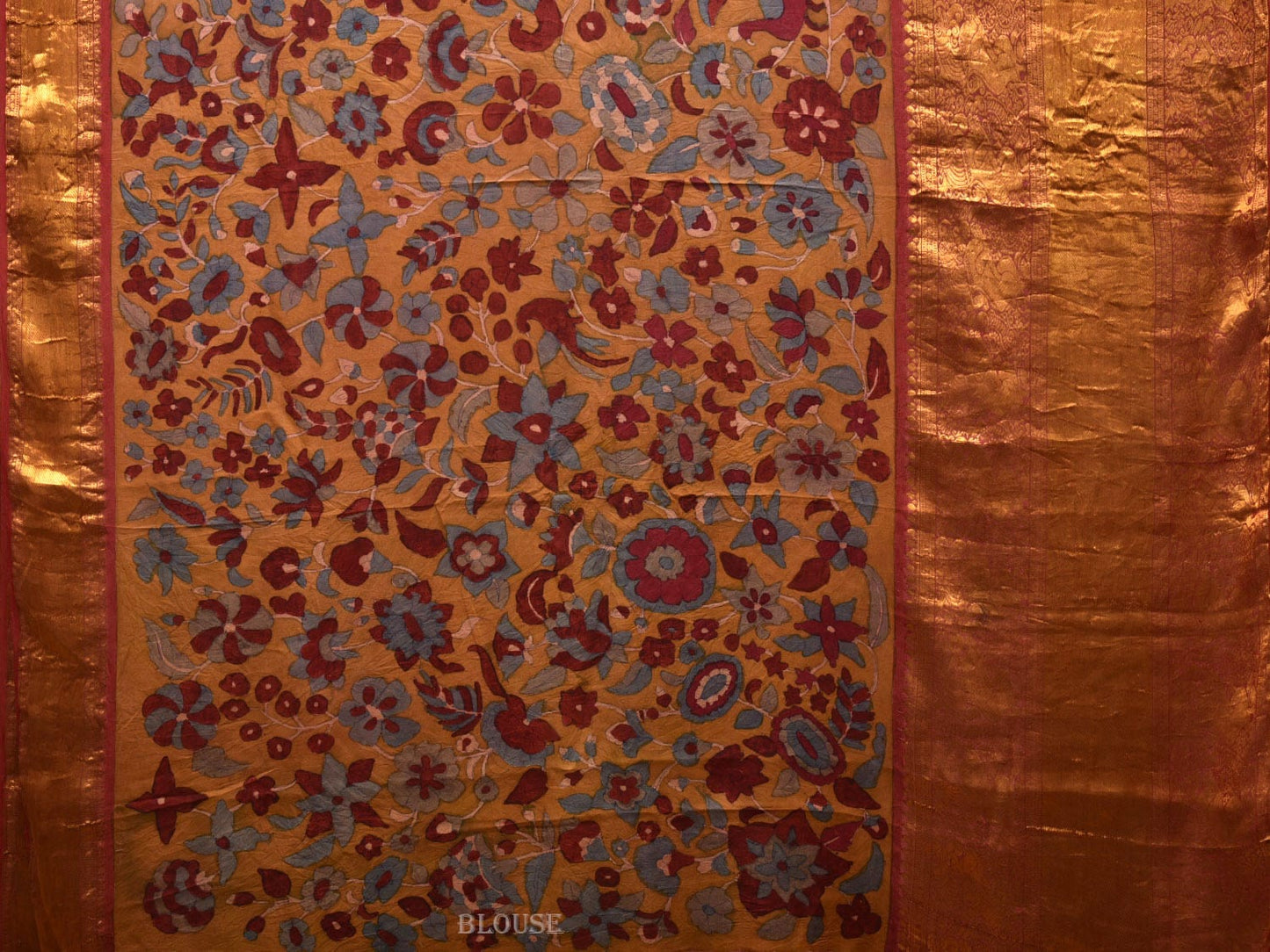 Yellow and Red Kalamkari Hand Painted Kanchipuram Silk Handloom Saree with Floral Design KL0623