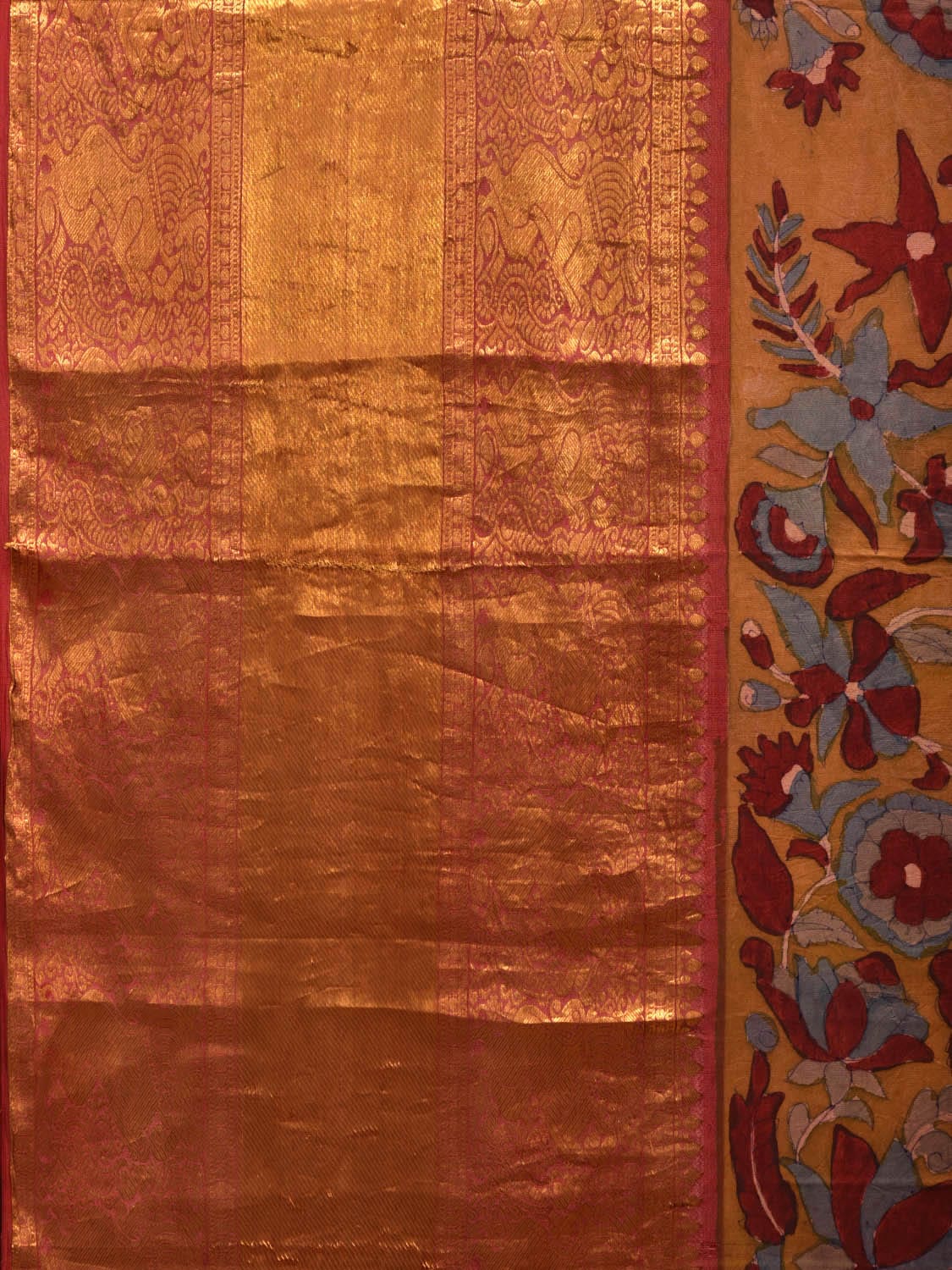 Yellow and Red Kalamkari Hand Painted Kanchipuram Silk Handloom Saree with Floral Design KL0623