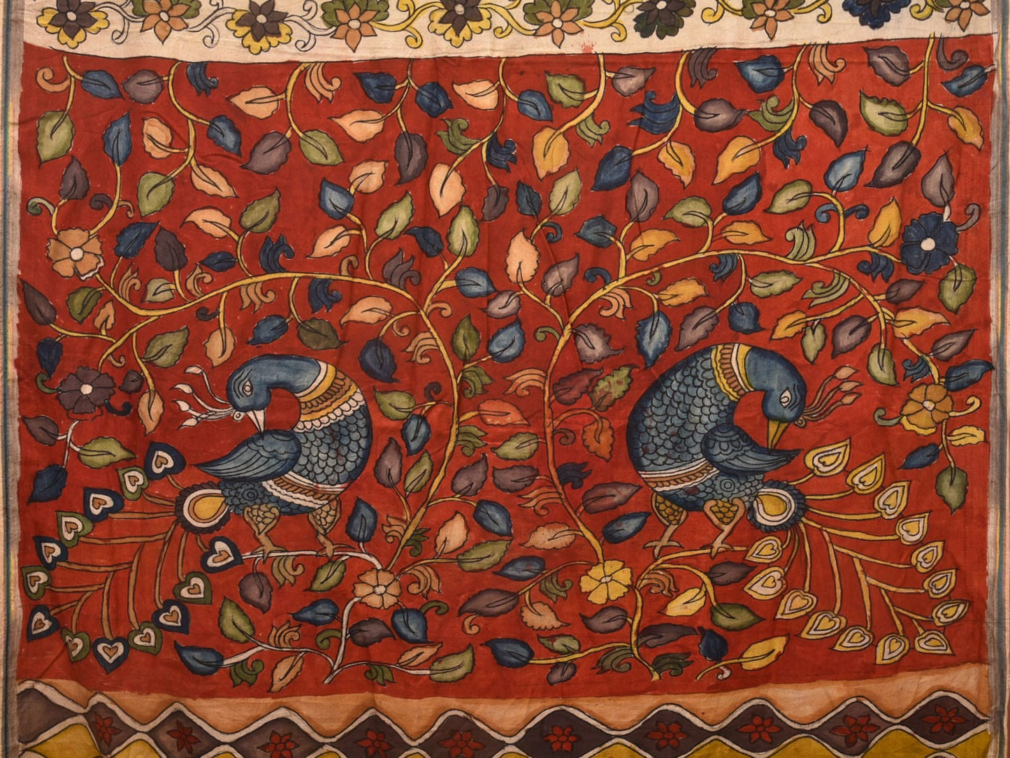 Yellow and Red Kalamkari Hand Painted Sico Saree with Floral and Peacocks Pallu Design KL0733