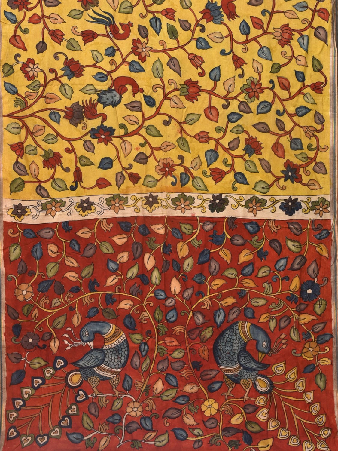 Yellow and Red Kalamkari Hand Painted Sico Saree with Floral and Peacocks Pallu Design KL0733