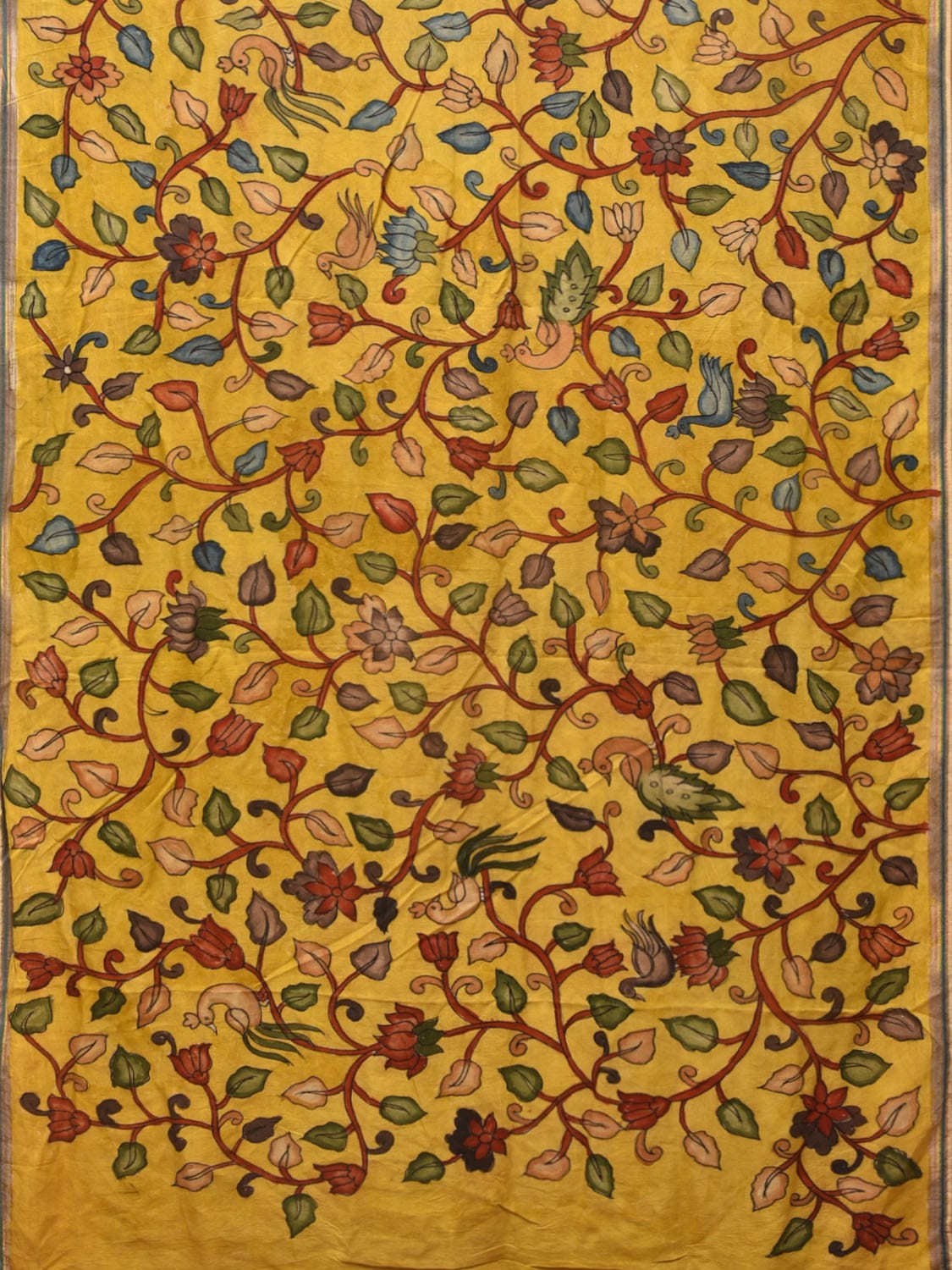 Yellow and Red Kalamkari Hand Painted Sico Saree with Floral and Peacocks Pallu Design KL0733