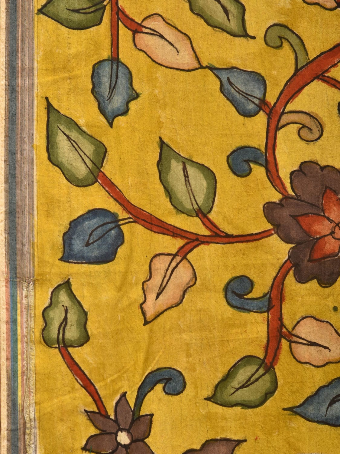 Yellow and Red Kalamkari Hand Painted Sico Saree with Floral and Peacocks Pallu Design KL0733