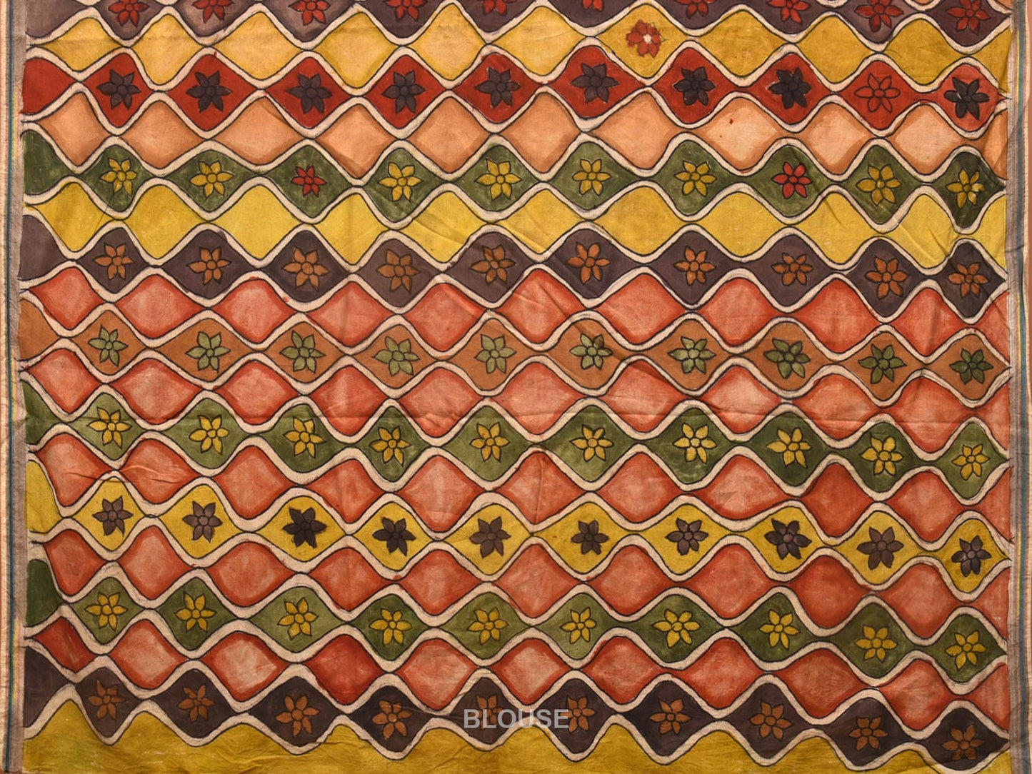 Yellow and Red Kalamkari Hand Painted Sico Saree with Floral and Peacocks Pallu Design KL0733