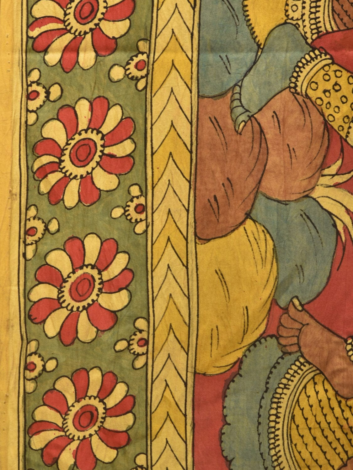 Yellow and Red Kalamkari Hand Painted Silk Handloom Saree with Ramayana Design KL0766