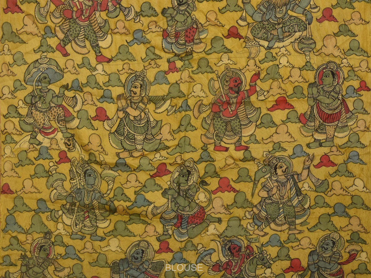 Yellow and Red Kalamkari Hand Painted Silk Handloom Saree with Ramayana Design KL0766
