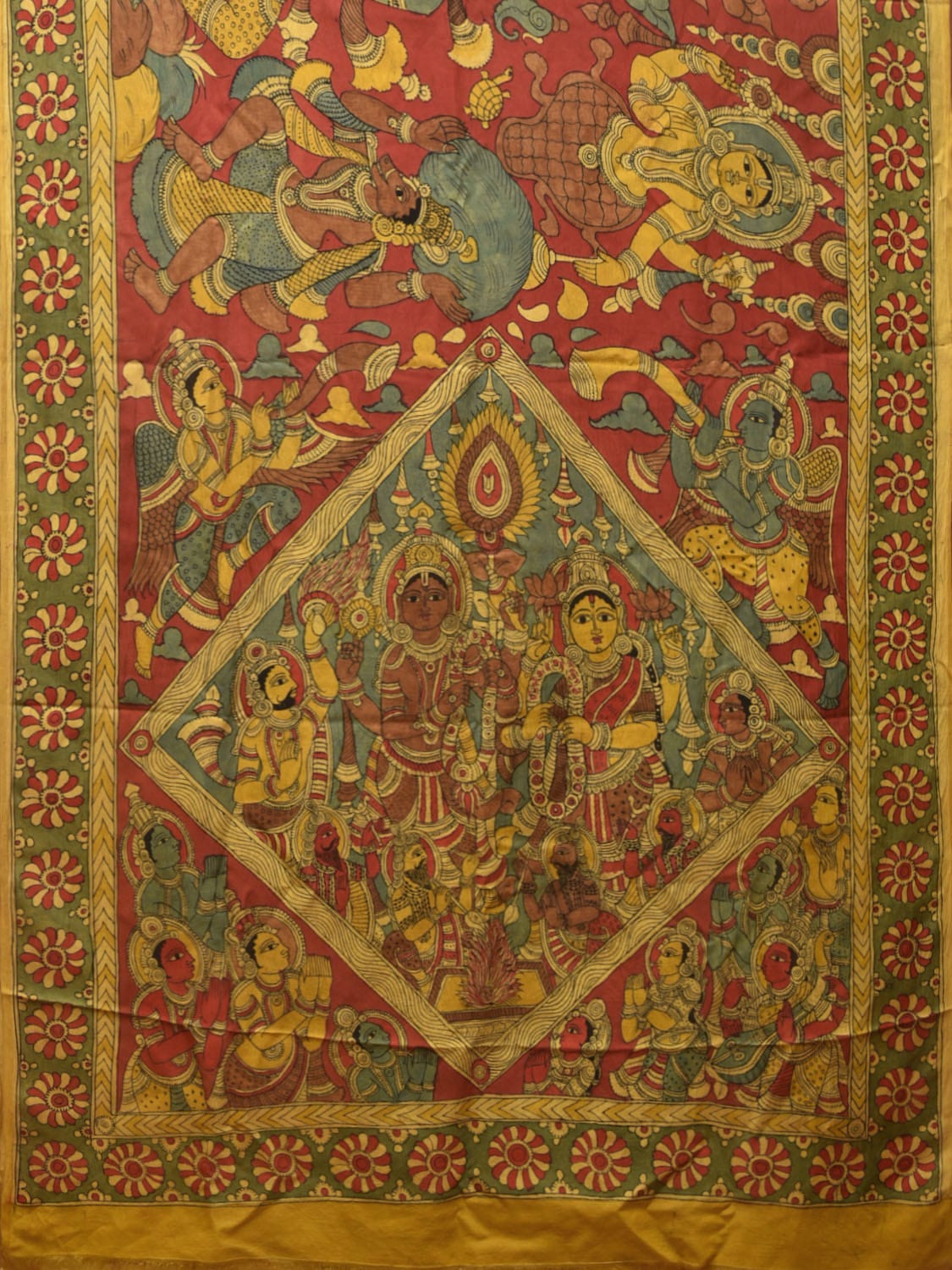 Yellow and Red Kalamkari Hand Painted Silk Handloom Saree with Ramayana Design KL0766