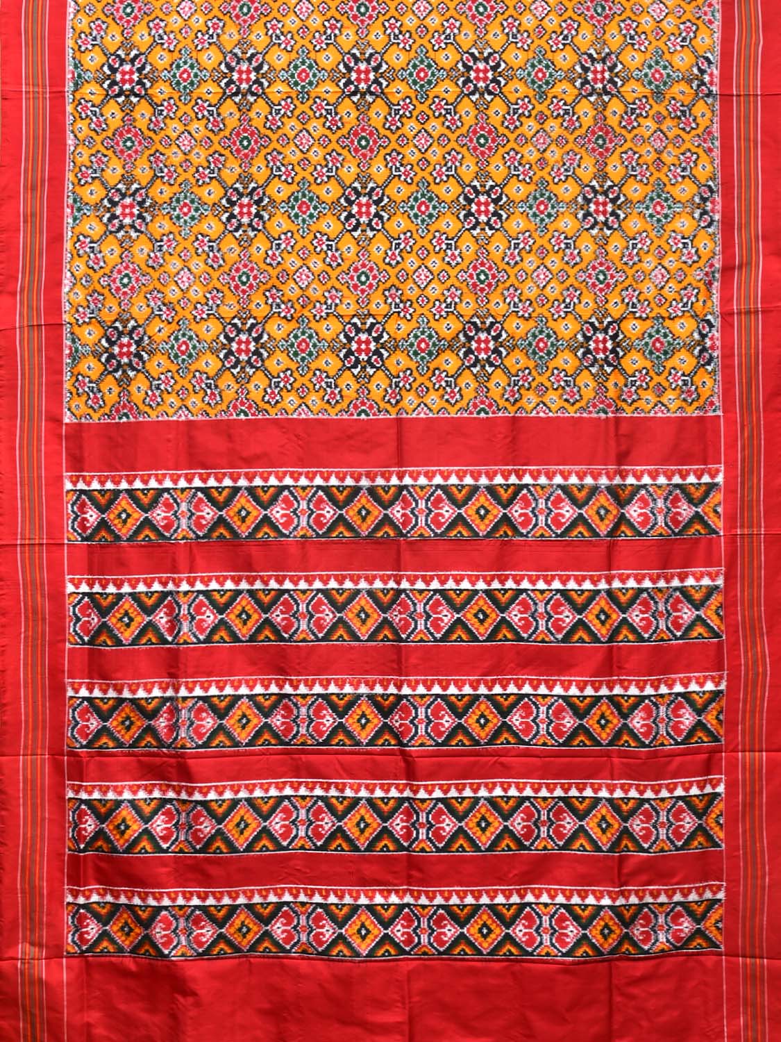 Yellow and Red Pochampally Double Ikat Silk Handloom Saree with All Over Design i0765