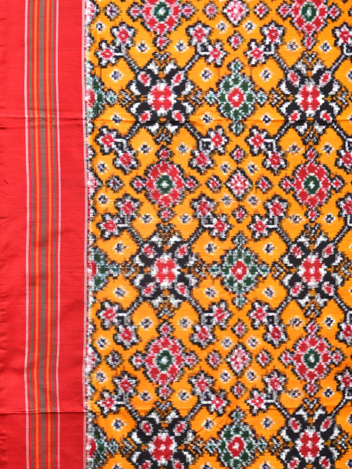 Yellow and Red Pochampally Double Ikat Silk Handloom Saree with All Over Design i0765