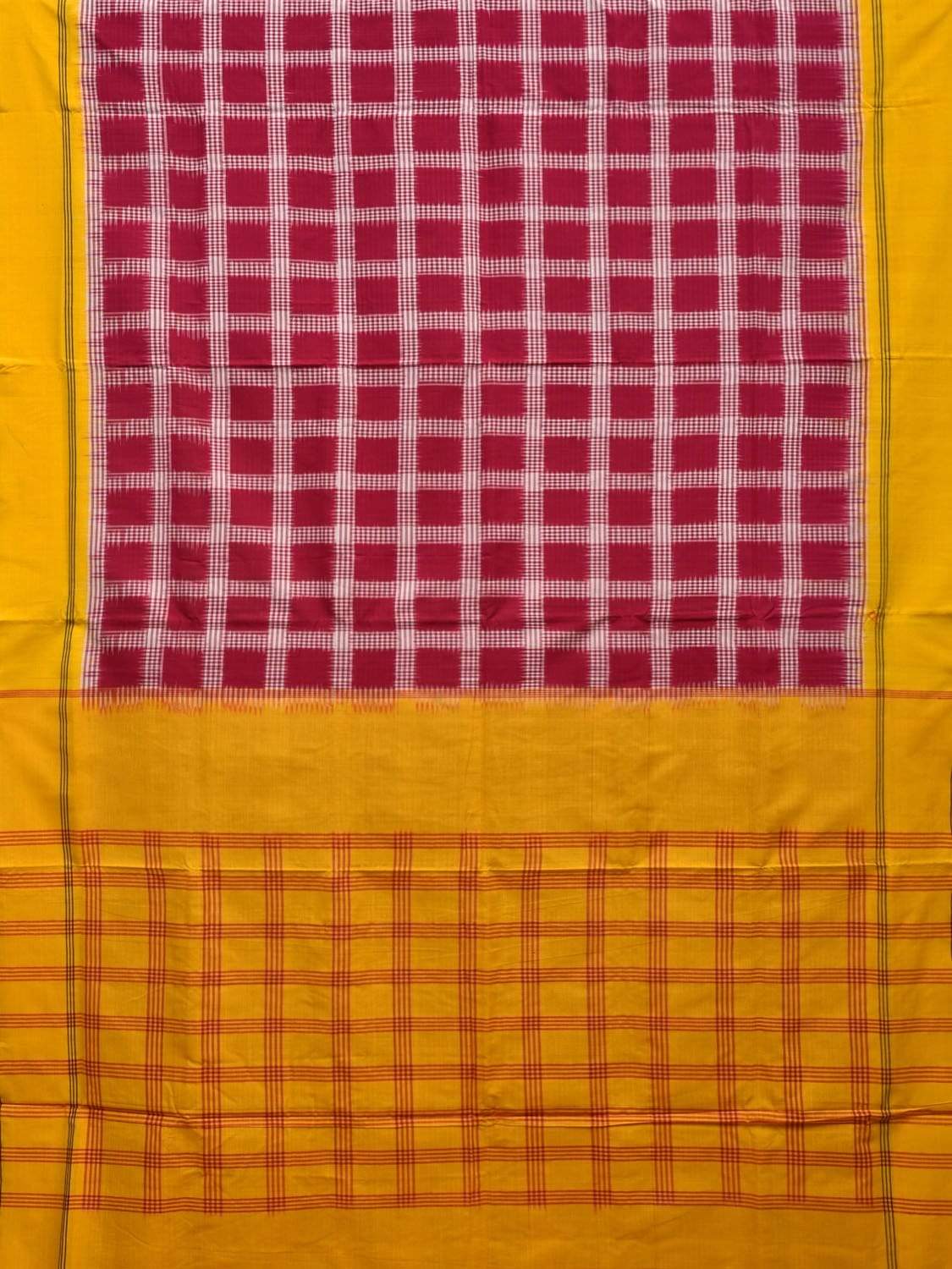 Yellow and Red Pochampally Ikat Cotton Handloom Saree with Checks Design i0597