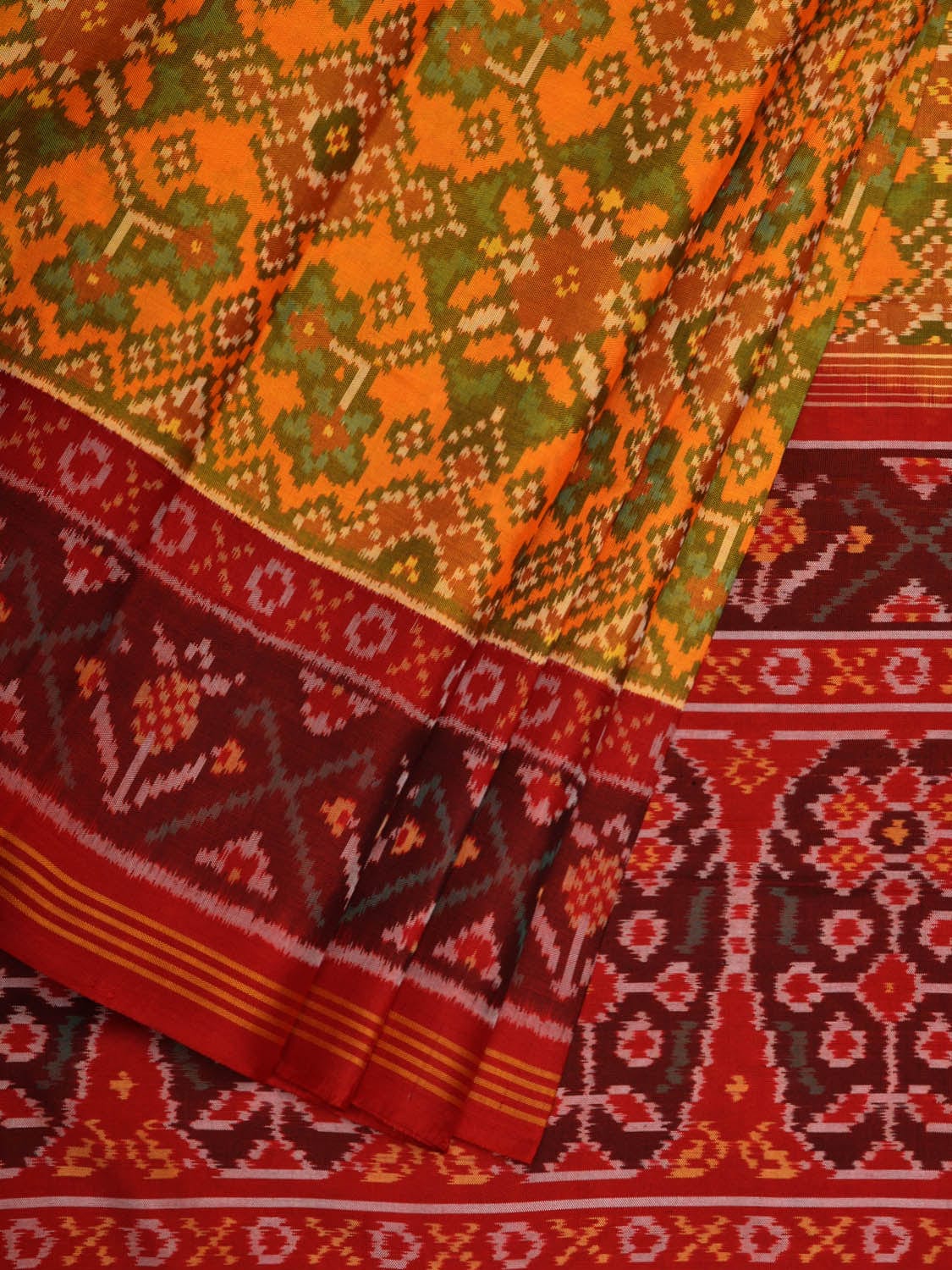 Yellow and Red Pochampally Ikat Silk Handloom Saree with Grill Design i0679