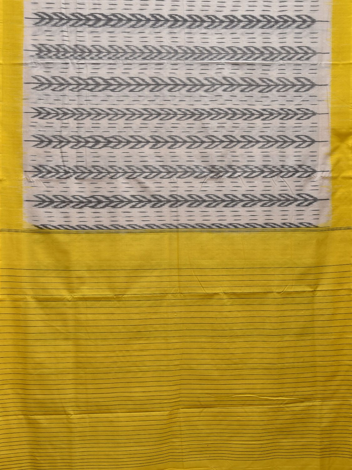 Yellow and White Pochampally Ikat Cotton Handloom Saree with Strips Pallu Design i0732