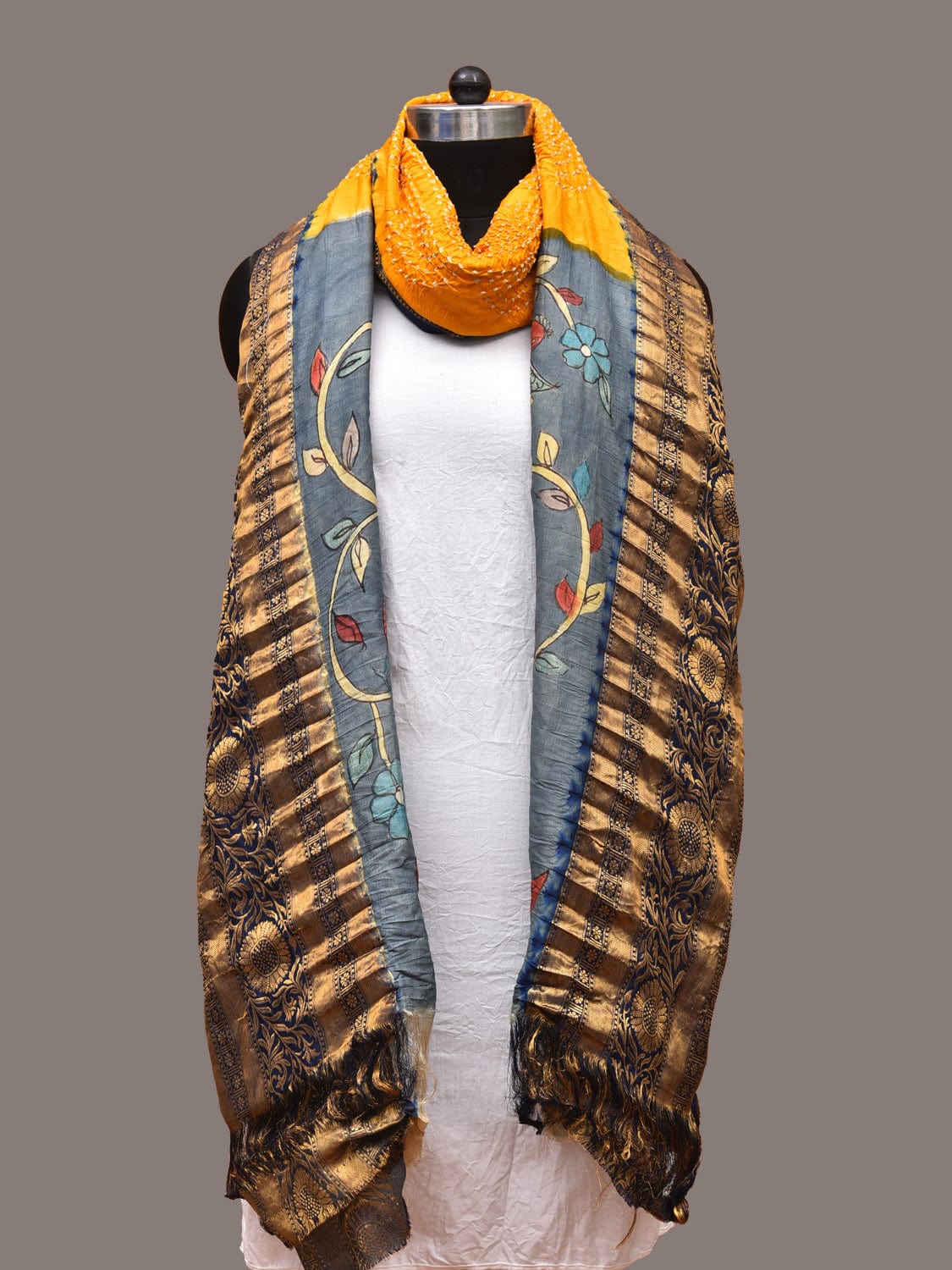 Yellow Bandhani Kanchipuram Silk Handloom Dupatta with Kalamkari Design ds3344