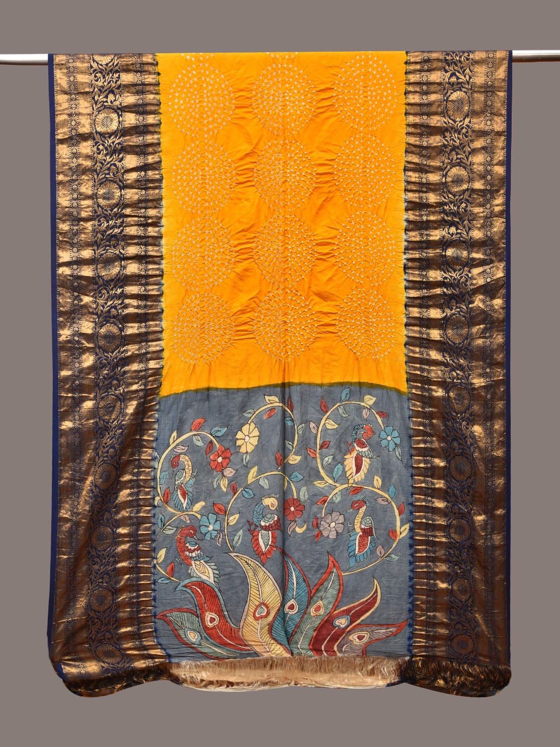 Yellow Bandhani Kanchipuram Silk Handloom Dupatta with Kalamkari Design ds3344