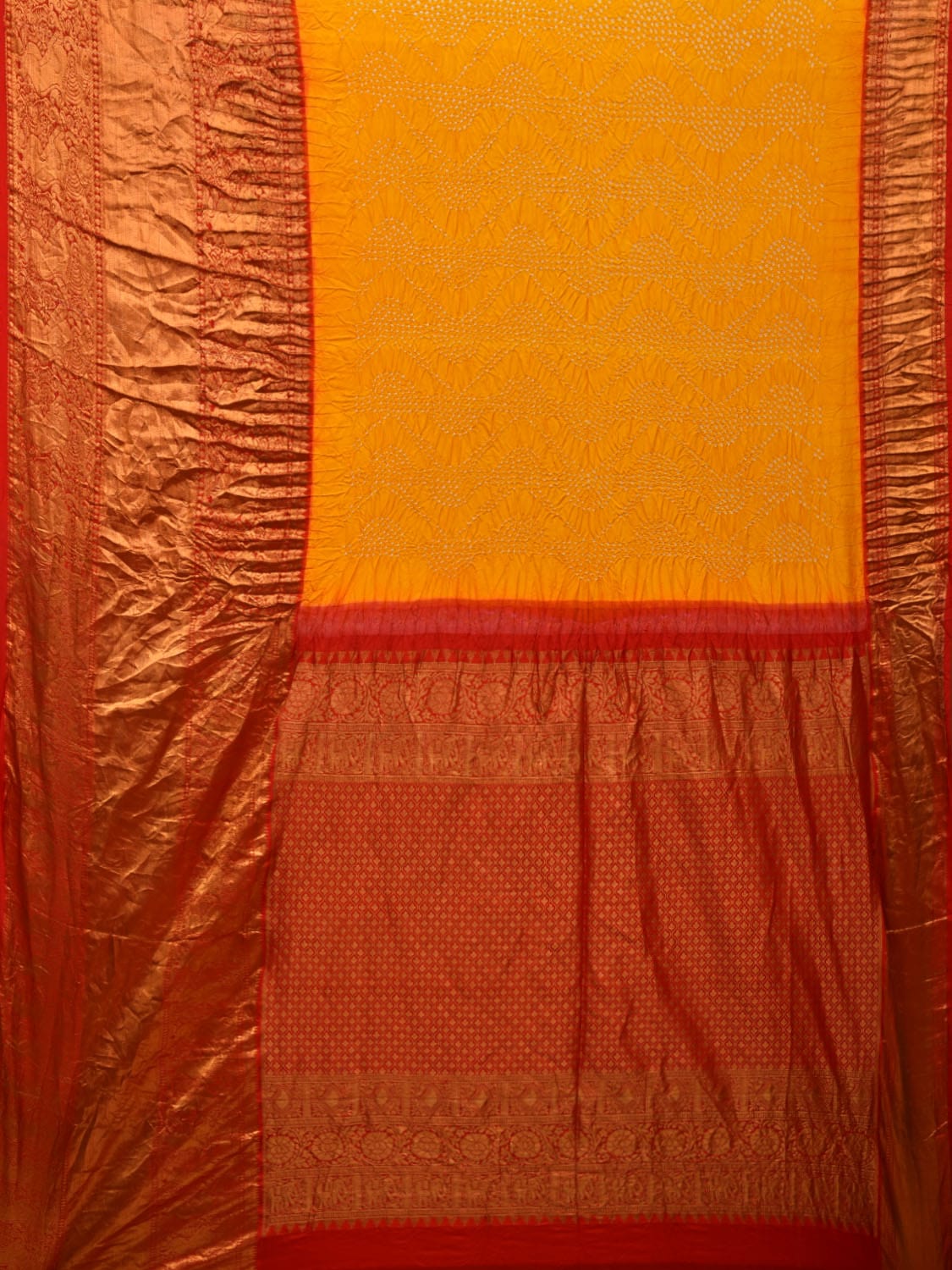 Yellow Bandhani Kanchipuram Silk Handloom Saree with Border and Pallu Design bn0429