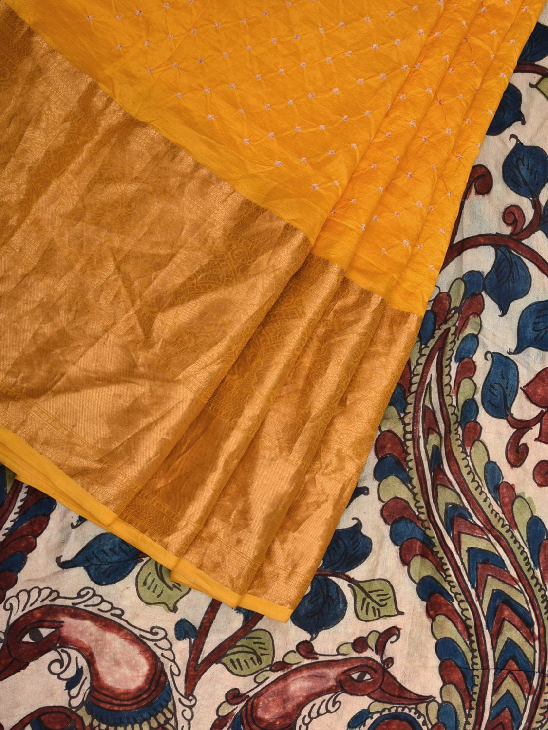 Yellow Bandhani Kanchipuram Silk Handloom Saree with Kalamkari Hand Painted Pallu and Blouse Design bn0400