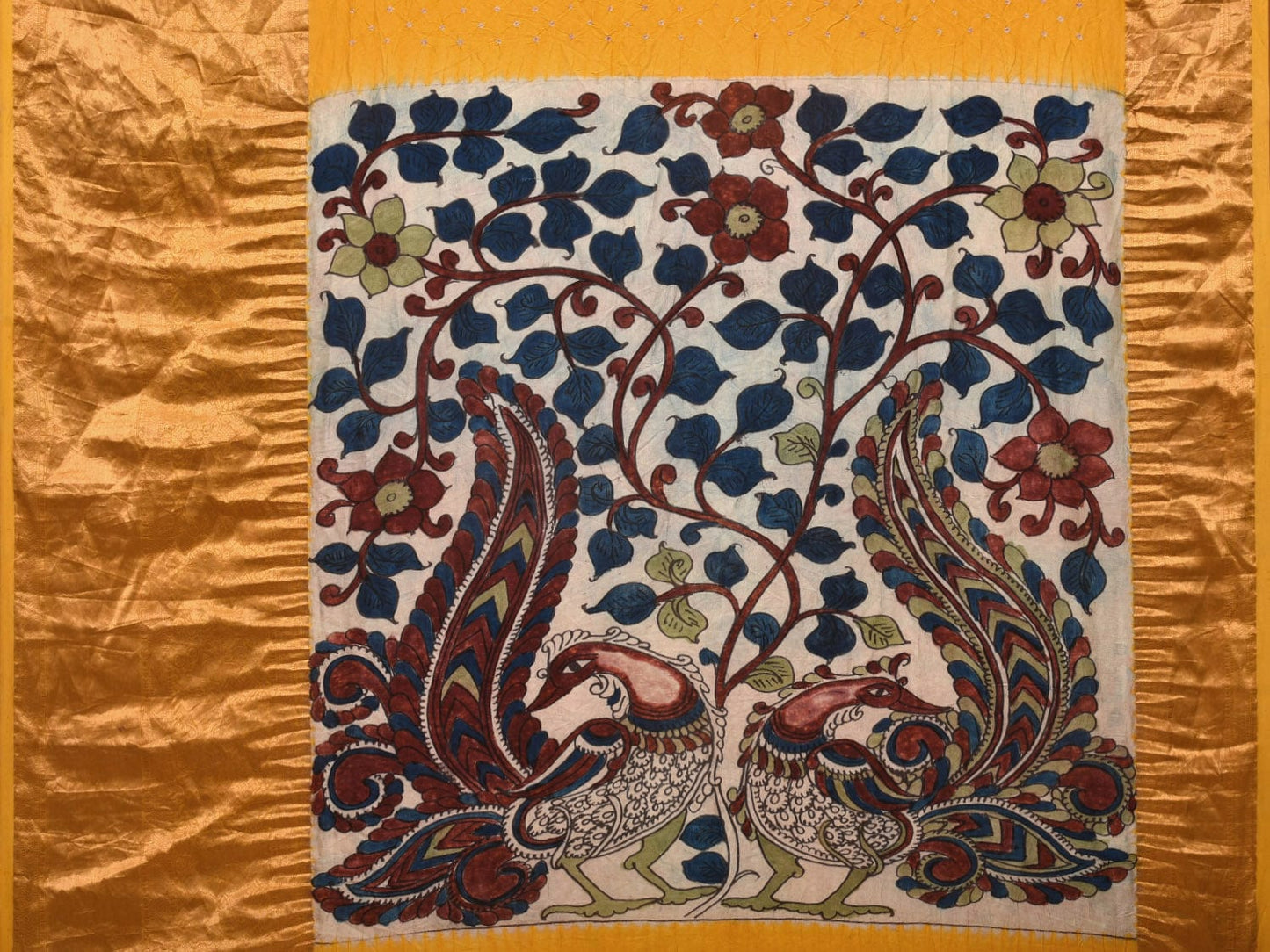 Yellow Bandhani Kanchipuram Silk Handloom Saree with Kalamkari Hand Painted Pallu and Blouse Design bn0400