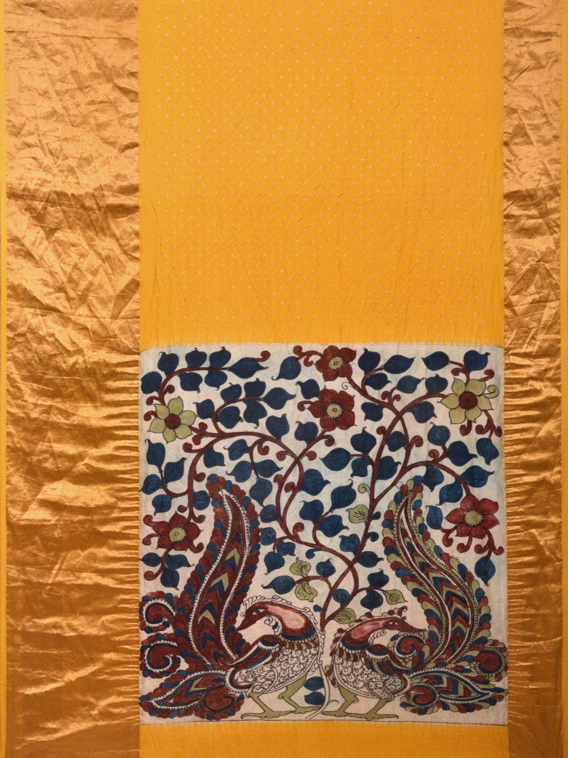 Yellow Bandhani Kanchipuram Silk Handloom Saree with Kalamkari Hand Painted Pallu and Blouse Design bn0400