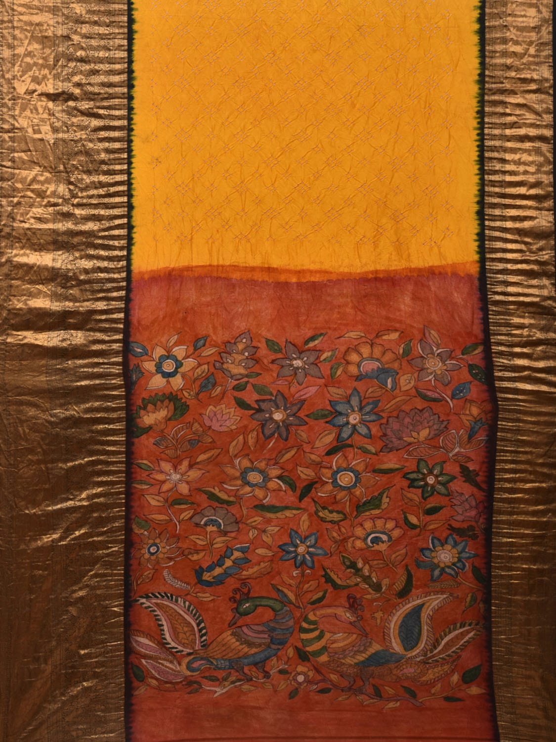 Yellow Bandhani Kanchipuram Silk Handloom Saree with Kalamkari Pallu and Blouse Design bn0395
