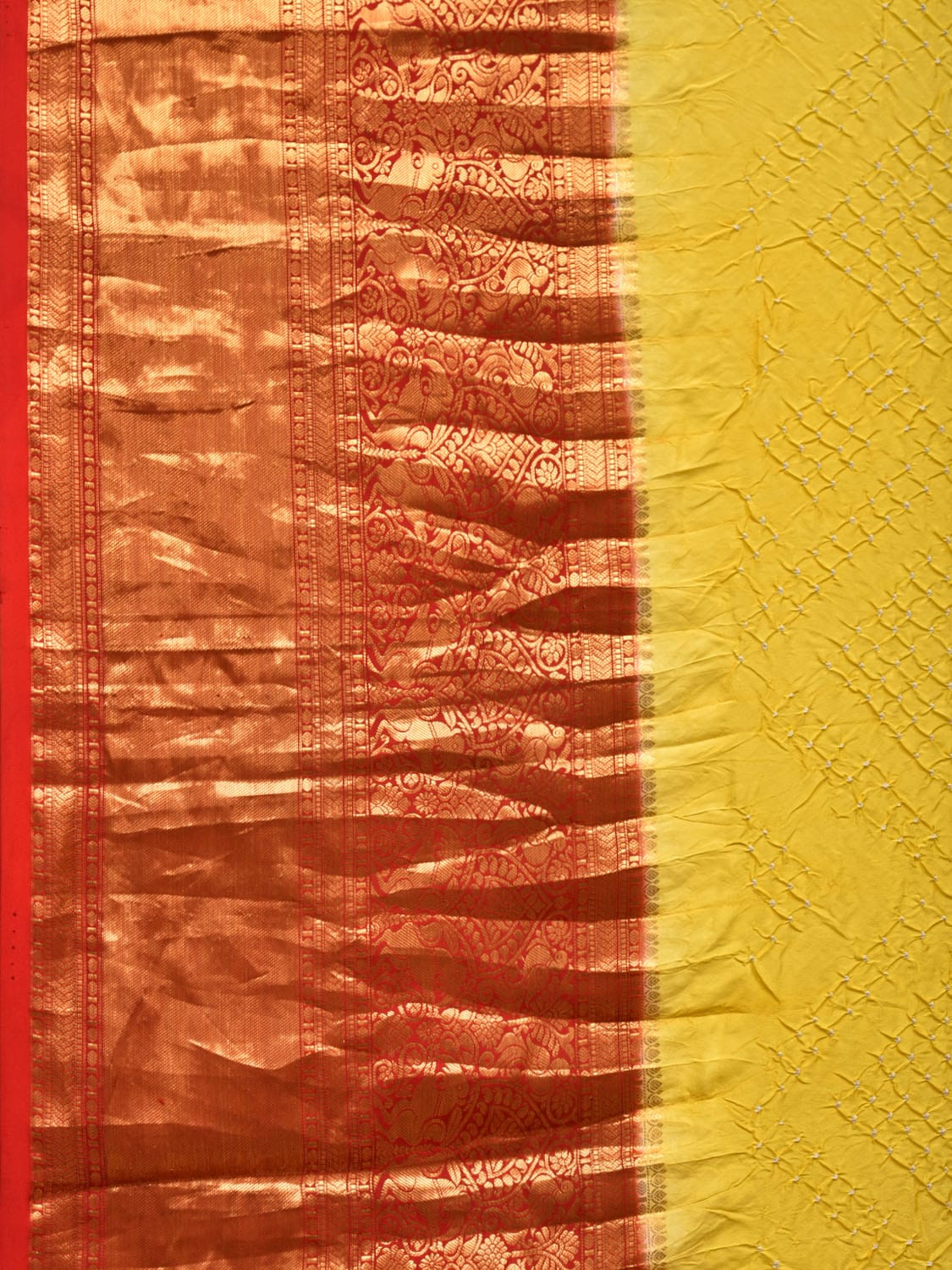 Yellow Bandhani Kanchipuram Silk Handloom Saree with Kalamkari Pallu and Blouse Design bn0482
