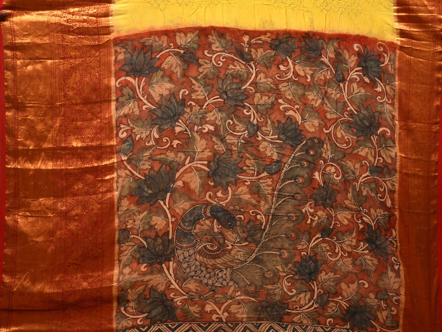 Yellow Bandhani Kanchipuram Silk Handloom Saree with Kalamkari Pallu and Blouse Design bn0482