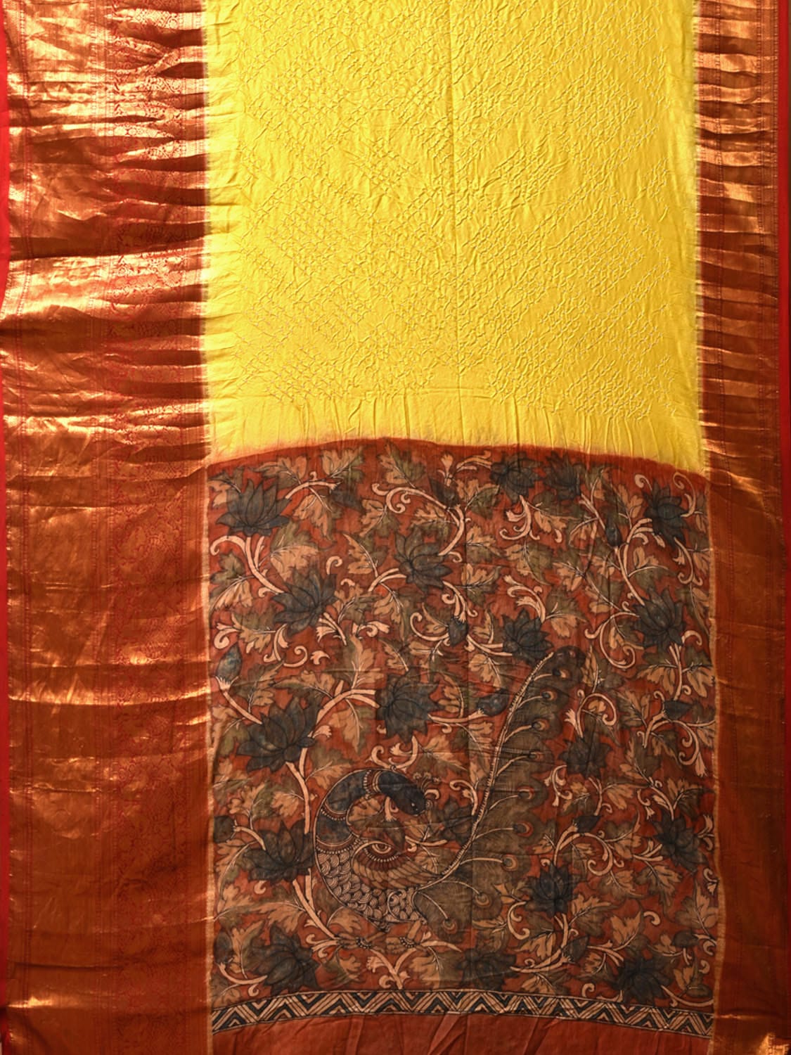 Yellow Bandhani Kanchipuram Silk Handloom Saree with Kalamkari Pallu and Blouse Design bn0482