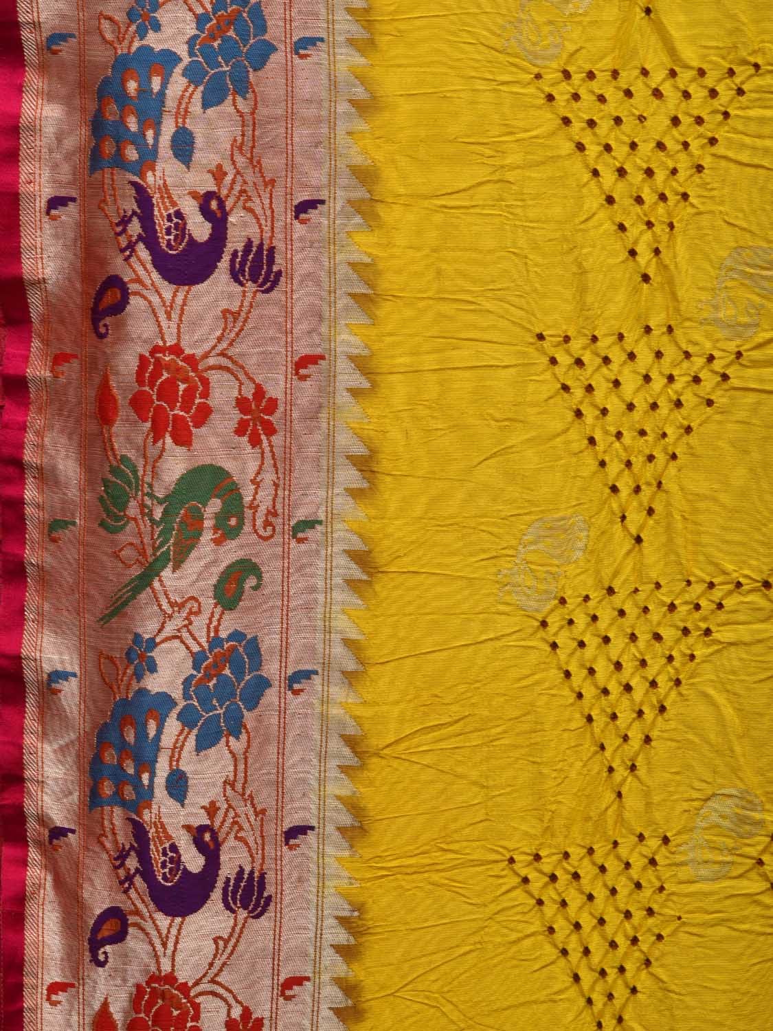 Yellow Bandhani Paithani Silk Handloom Saree with Peacock and Parrot Border Design bn0346