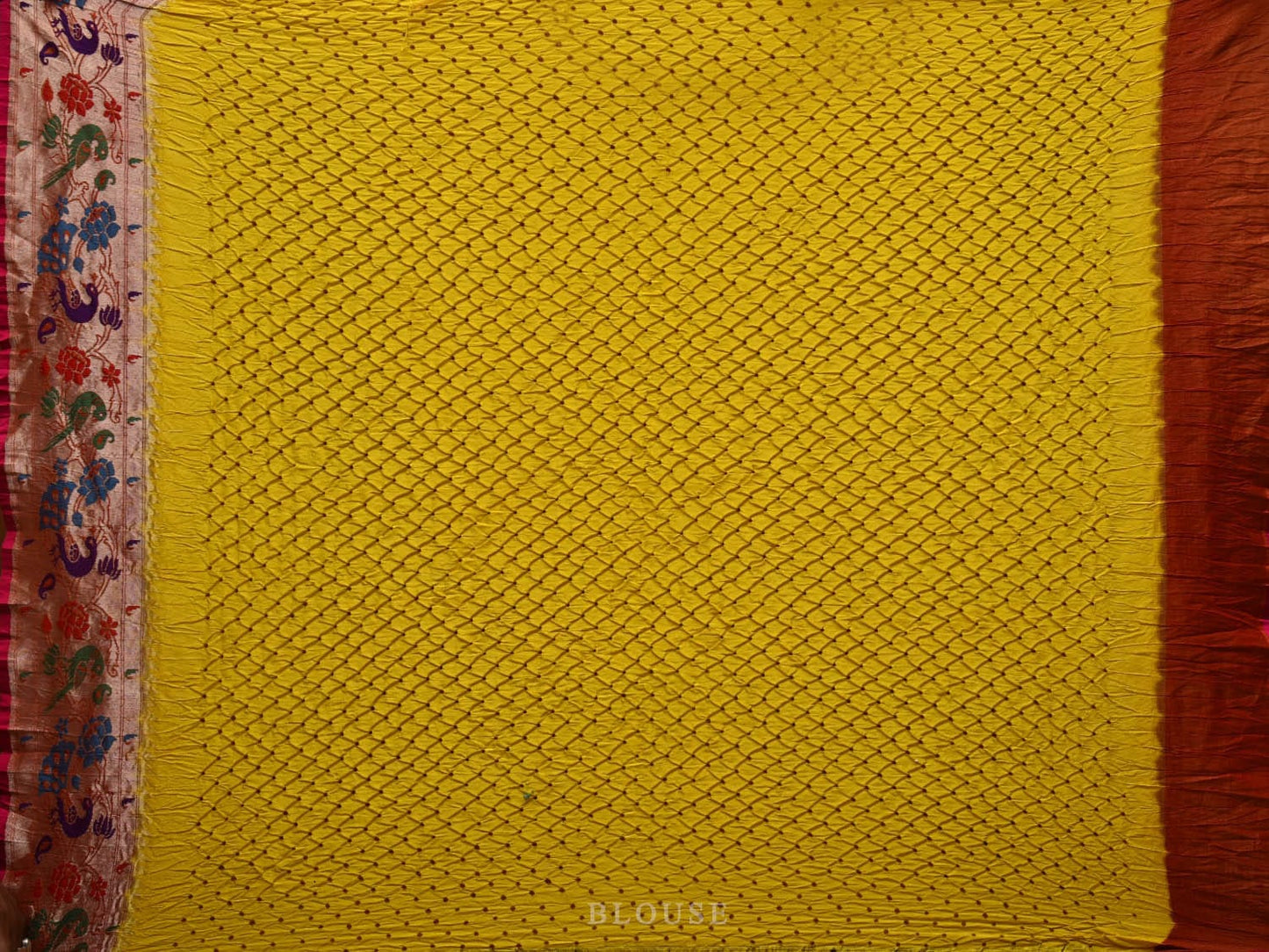 Yellow Bandhani Paithani Silk Handloom Saree with Peacock and Parrot Border Design bn0346
