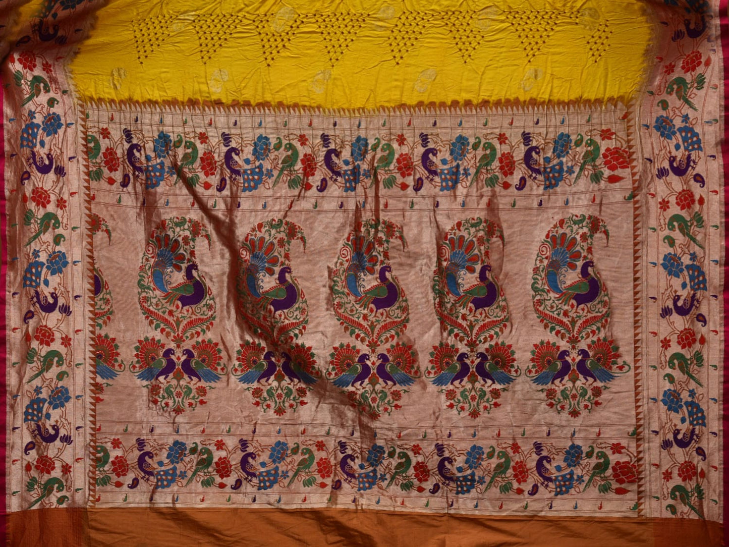 Yellow Bandhani Paithani Silk Handloom Saree with Peacock and Parrot Border Design bn0346
