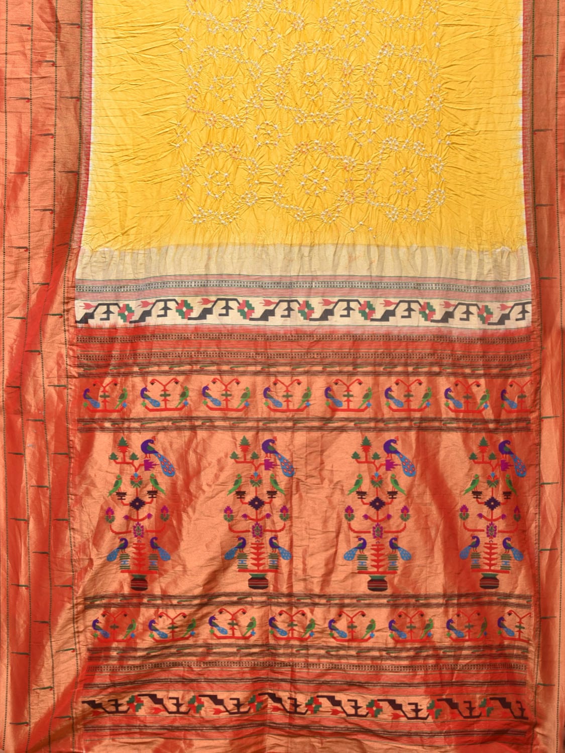 Yellow Bandhani Paithani Silk Handloom Saree with Triple Muniya Border Design bn0486