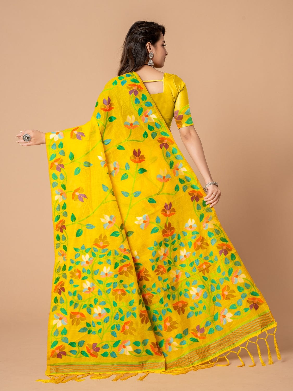 Yellow Dhakai Jamdani Cotton Viscose Saree with Floral Border and Pallu Design dj0106