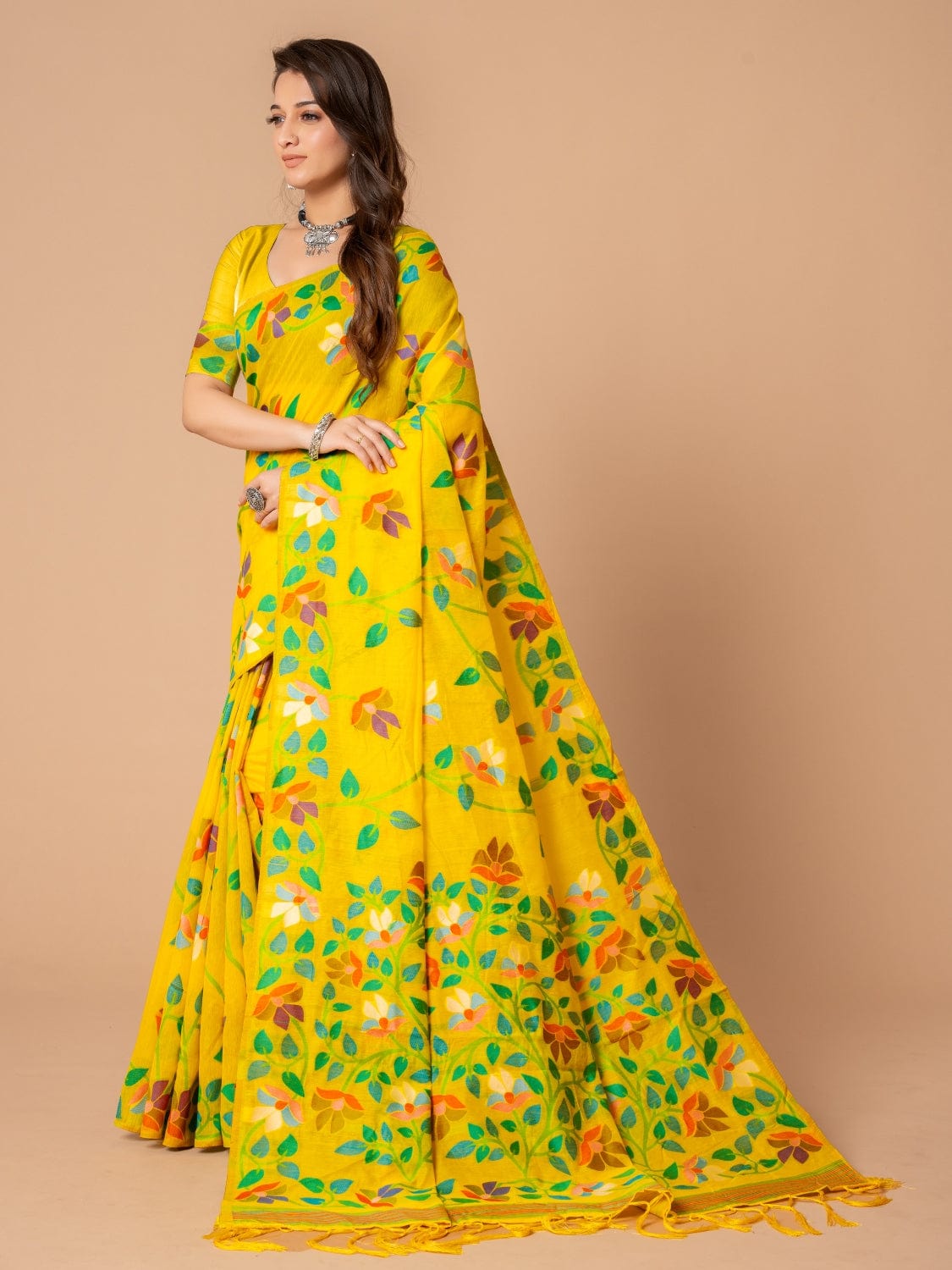 Yellow Dhakai Jamdani Cotton Viscose Saree with Floral Border and Pallu Design dj0106