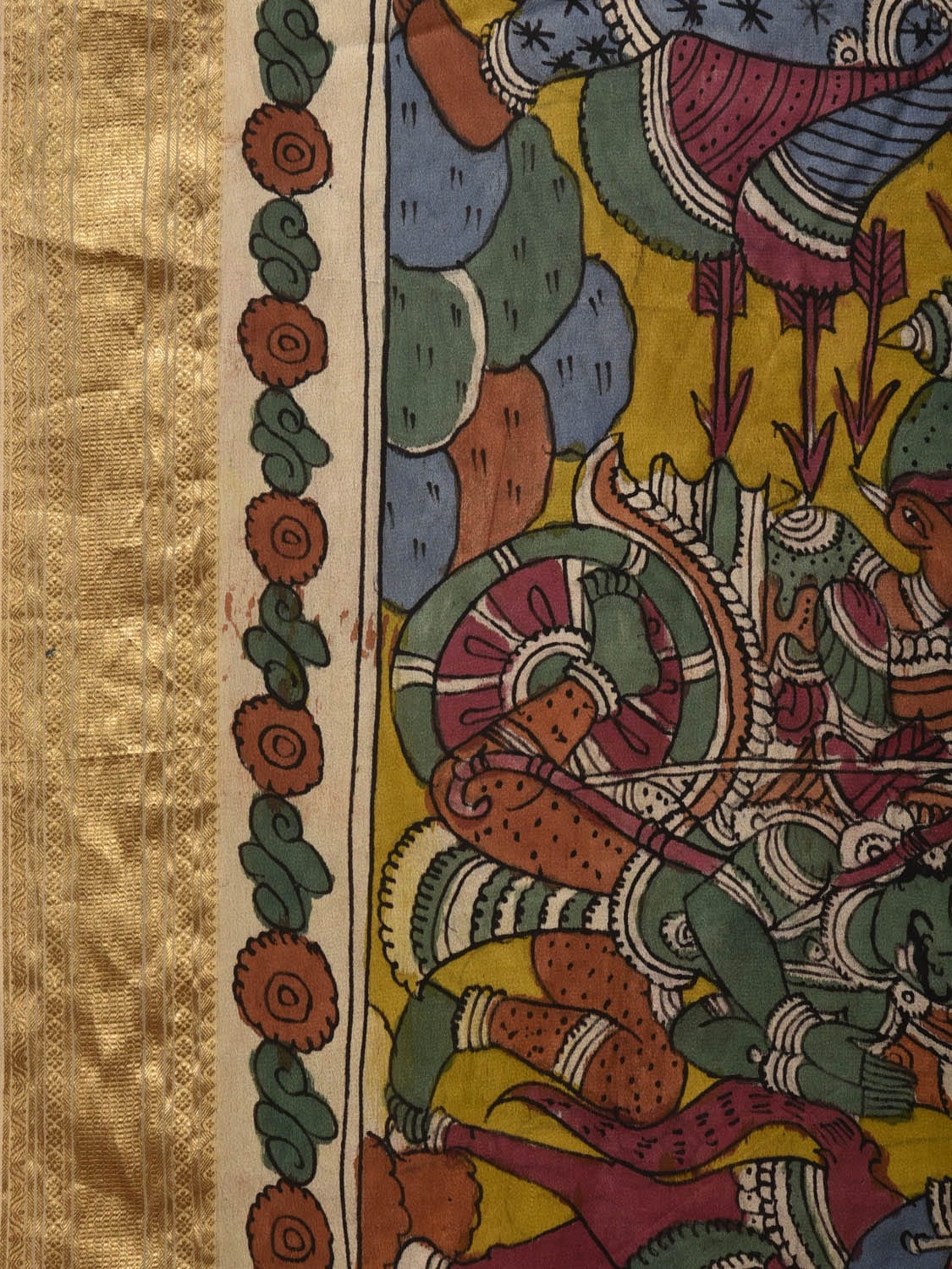 Yellow Kalamkari Hand Painted Banaras Silk Handloom Saree with Dashavatar Design No Blouse KL0689