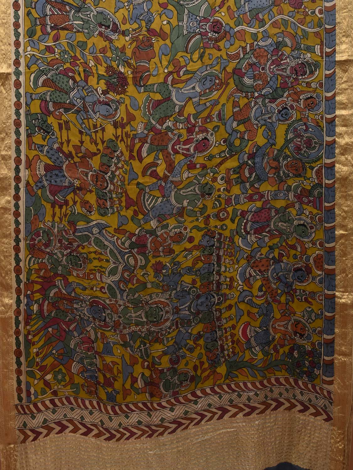 Yellow Kalamkari Hand Painted Banaras Silk Handloom Saree with Dashavatar Design No Blouse KL0689