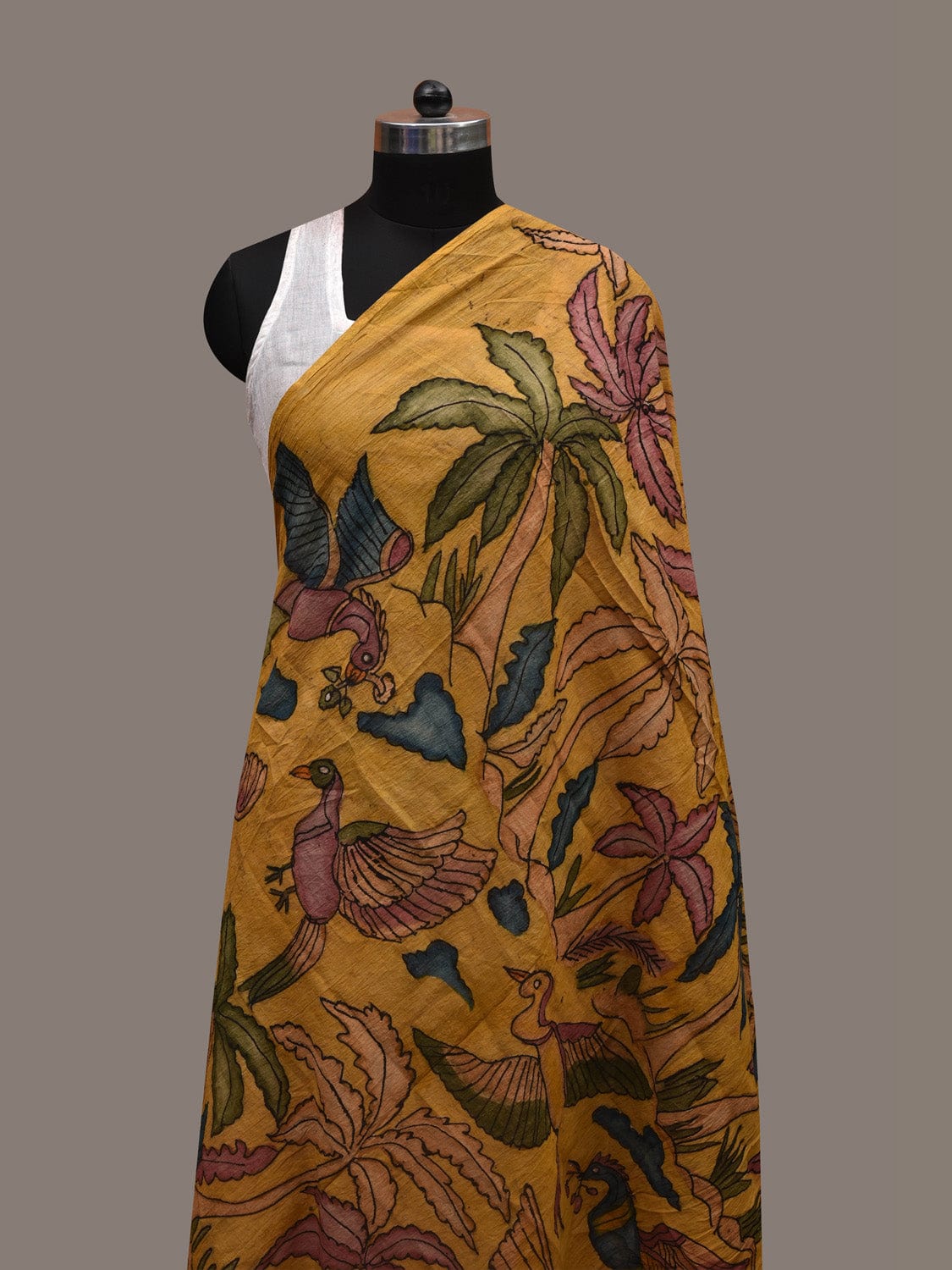 Yellow Kalamkari Hand Painted Cotton Handloom Dupatta with Birds and Trees Design ds2725