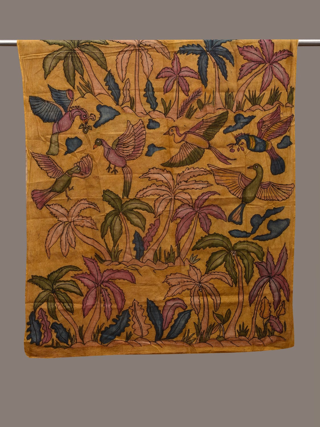 Yellow Kalamkari Hand Painted Cotton Handloom Dupatta with Birds and Trees Design ds2725