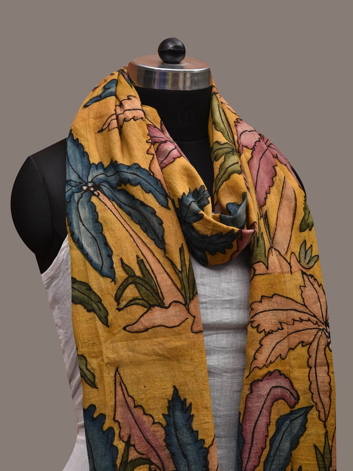 Yellow Kalamkari Hand Painted Cotton Handloom Dupatta with Birds and Trees Design ds2725