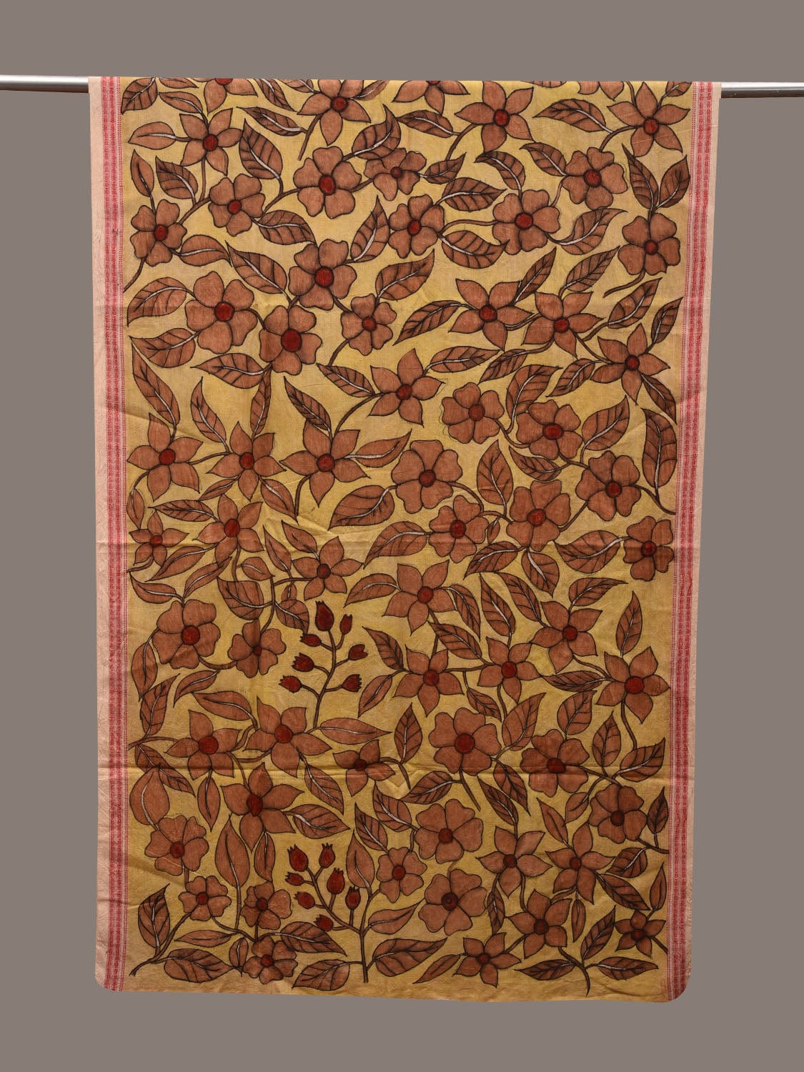 Yellow Kalamkari Hand Painted Cotton Handloom Dupatta with Doby Border and Floral Design ds2865