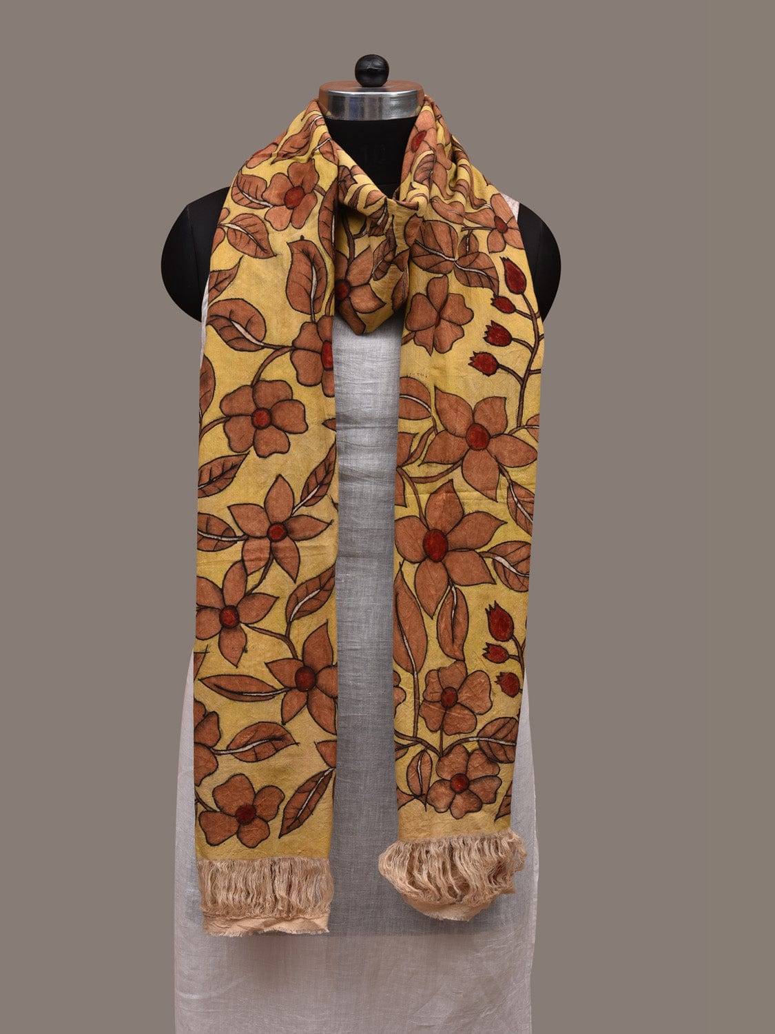 Yellow Kalamkari Hand Painted Cotton Handloom Dupatta with Doby Border and Floral Design ds2865